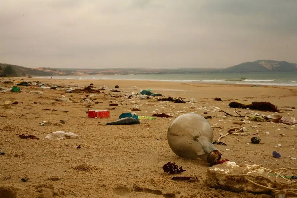 Photo de déchets sur une plage. La plage à besoin d'un ramassage de déchets.